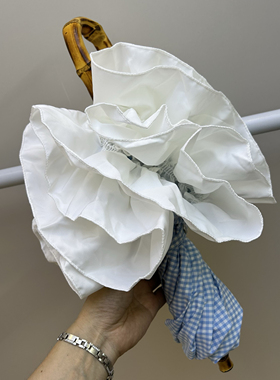高颜值日系小清新蓝色格子花边黑胶自动二折伞竹节防晒遮阳紫外线