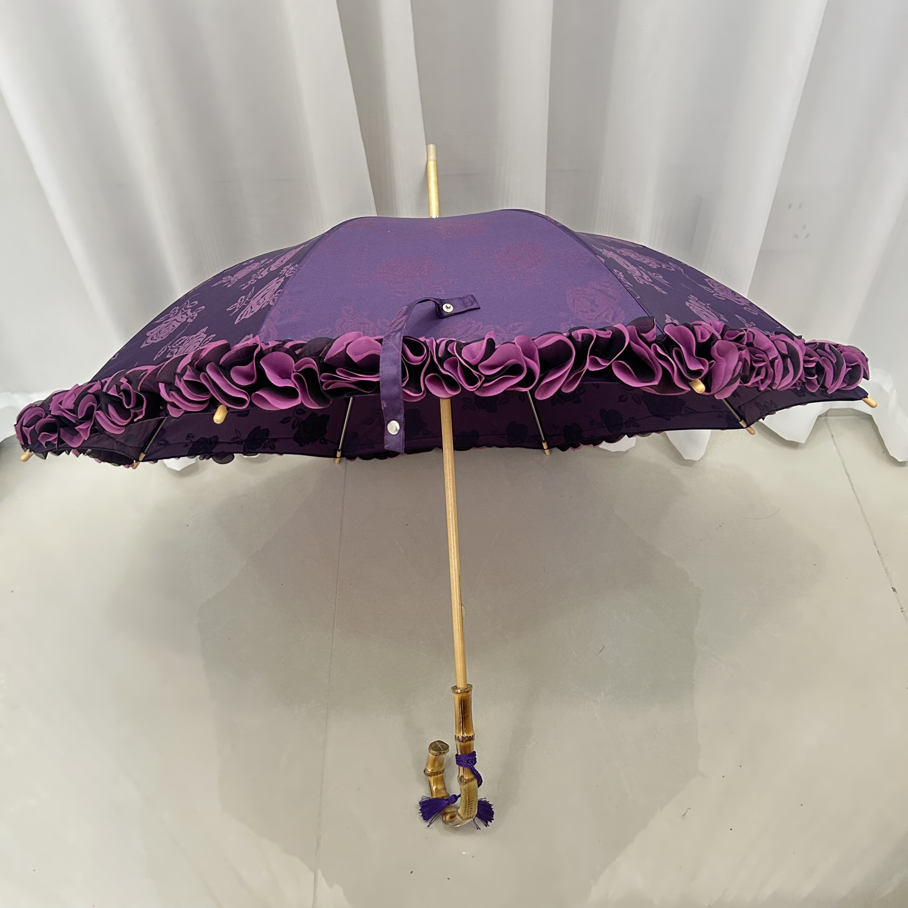 日系高颜值小清新紫荊花蕾丝花边长柄伞防紫外线晴雨两用遮阳伞女