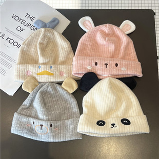 婴儿帽子秋冬季新生儿熊猫套头帽男宝女宝护耳帽宝宝针织套头帽潮