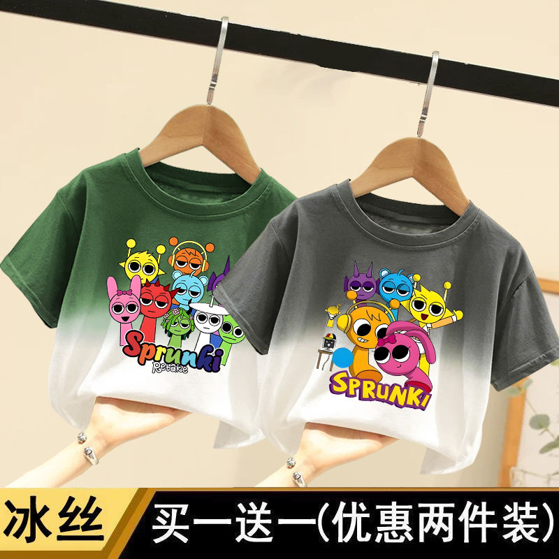 Sprunki节奏盒子男童短袖T恤2025夏季儿童酷帅扎染渐变半袖上衣潮