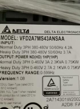 议价 VFD2A7MS43ANAA台达变频器一台0.75KW,外观