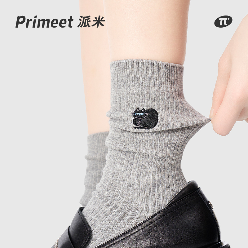 灰色袜子女夏薄款刺绣中筒袜2025新款爆款无骨搭配小皮鞋堆堆袜棉