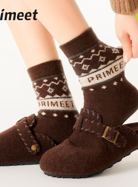 派米美拉德咖色羊毛袜子女秋冬加厚保暖中筒袜配勃肯鞋堆堆袜长袜