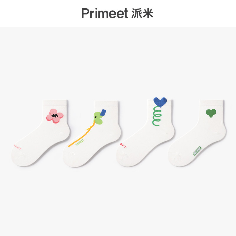 凸凸袜子女中短筒春秋款简约风可爱小花低帮短袜白色夏季中筒袜棉