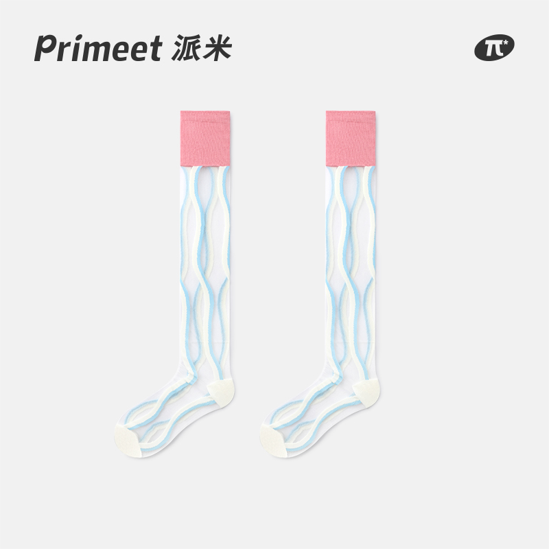 PRIMEET/派米多巴胺夏季薄款蓝粉清新条纹小腿袜女生玻璃丝水晶袜