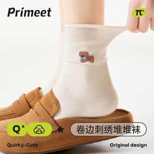 派米袜子女款可爱卡通刺绣中筒袜秋春外穿白色卷边无骨堆堆袜棉袜