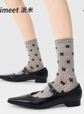 蝴蝶结袜子女春秋薄款中筒袜日系甜美堆堆袜秋季花边袜波点棉袜