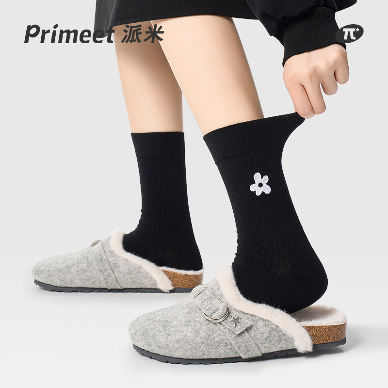 primeet女生黑色刺绣中筒袜