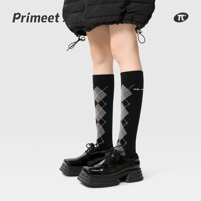 PRIMEET/派米黑色小腿袜女春夏长筒袜学院风菱格长袜夏季搭小皮鞋
