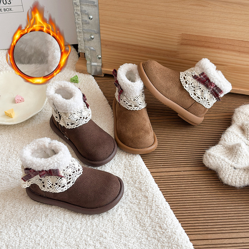 儿童保暖雪地靴中筒花边毛绒棉靴