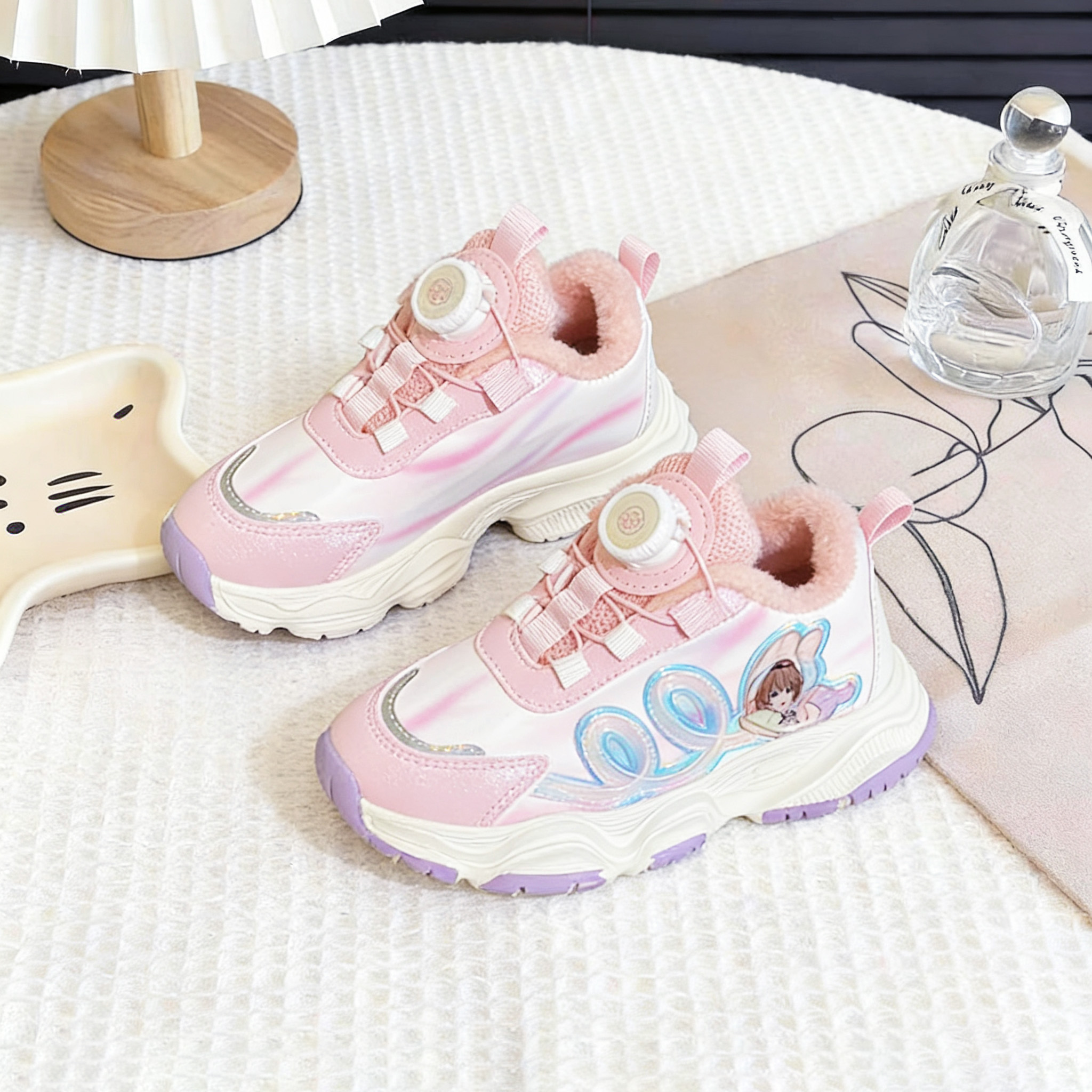 女童旋转纽扣冬季棉保暖运动鞋