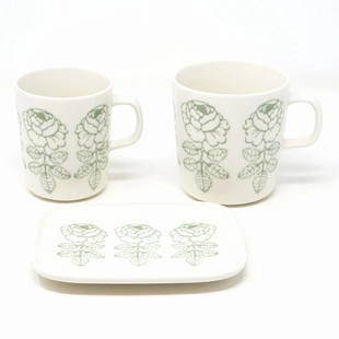 Marimekko 鼠尾草绿色素描玫瑰马克杯方盘 Vihkiruusu婚礼玫瑰