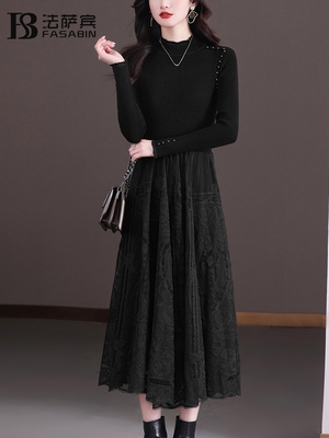 蕾丝长款羊毛连衣裙春秋新款女士针织毛衣打底衫配大衣蕾丝裙内搭