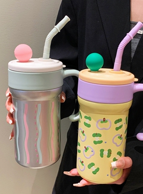 大容量带把手保温杯女生高颜值2025新款杯子陶瓷内胆吸管水杯可爱