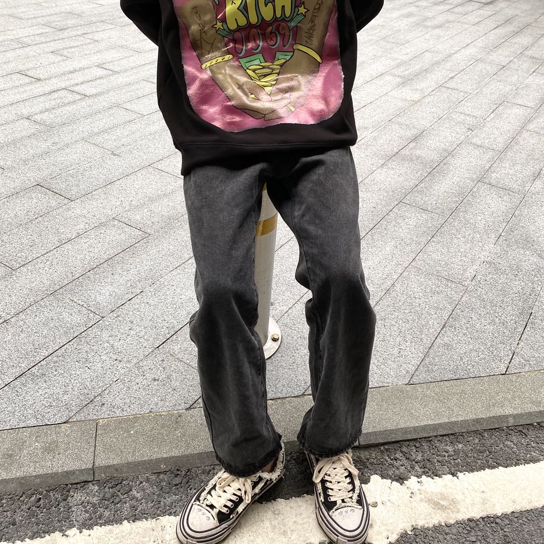 三水太懒 韩版烟灰色街头休闲百搭男女款长裤直筒显瘦水洗牛仔裤