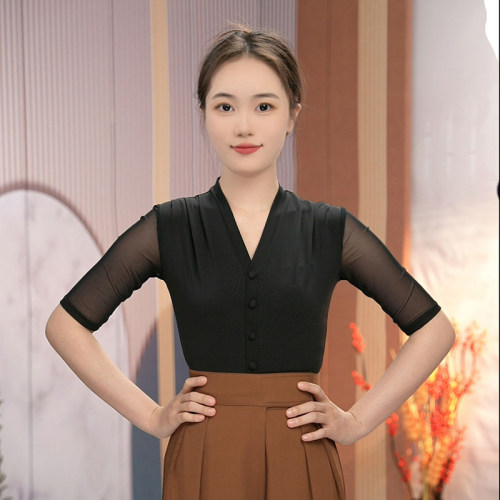 绚悦拉丁舞上衣女网纱拼接成人摩登舞服V领纯色练功表演服交谊舞