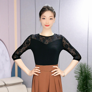 绚悦新款摩登舞成人优雅玫瑰蕾丝拼接上衣女形体训练服广场舞服装