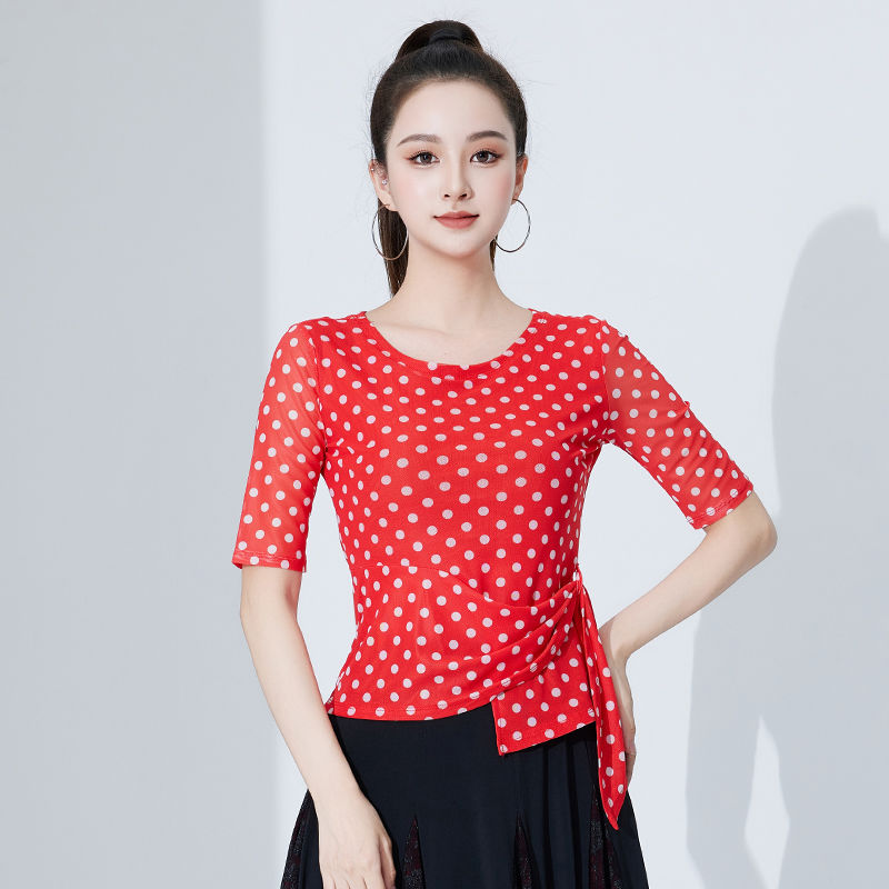 摩登舞舞服上衣女2024新款波点练功服跳舞交际舞时尚广场舞舞衣