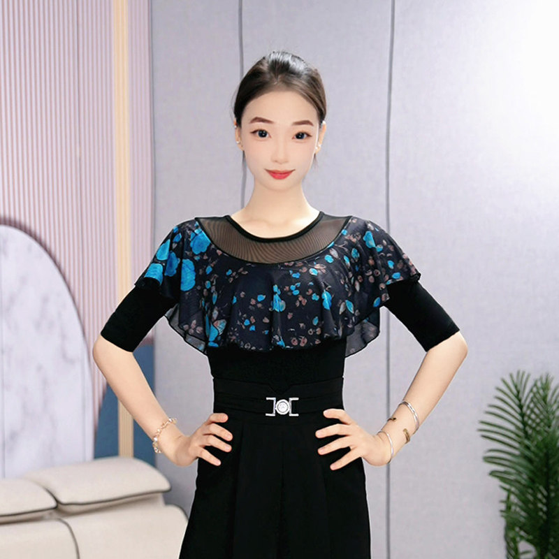 绚悦优雅舞蹈服荷叶边拉丁舞修身显瘦中袖摩登舞广场舞日常练功服