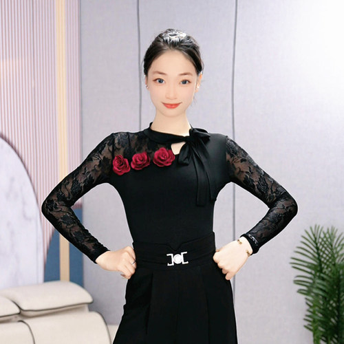 法式玫瑰蕾丝长袖舞蹈练功服