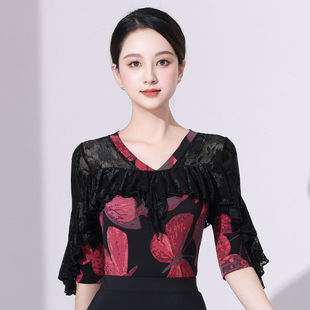 拉丁舞新款上衣时尚交谊舞国标练功服印花成人吉特巴高级感摩登舞