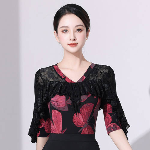 拉丁舞新款上衣时尚交谊舞国标练功服印花成人吉特巴高级感摩登舞