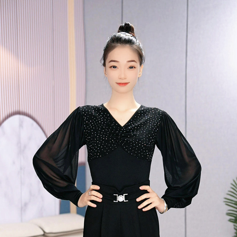 绚悦成人舞蹈服新款上衣女黑纱袖 V 领闪钻拉丁舞摩登舞练功服装