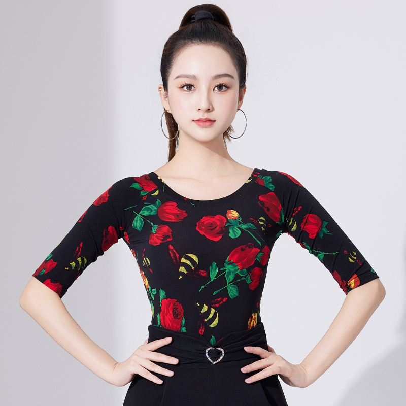 拉丁舞上衣女新款成人圆领中袖摩登舞蹈国标舞练功交谊舞蹈跳舞服