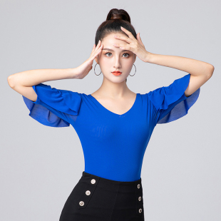 摩登舞上衣女新款拉丁舞荷叶边中袖交谊舞上装舞蹈练功服连体舞衣