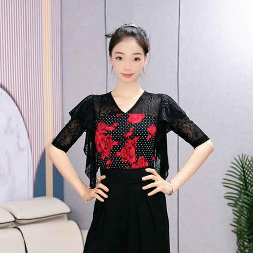 玫瑰蕾丝时尚气质摩登交谊舞服