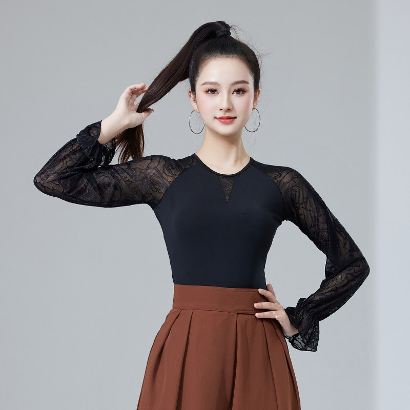 摩登舞蕾丝长袖性感显瘦上衣女修身拉丁舞打底衫圆领上衣镂空黑色