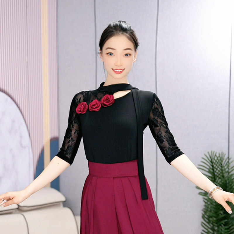 绚悦气质玫瑰蕾丝摩登舞上衣女修身显瘦交谊舞国标舞演出服练功服