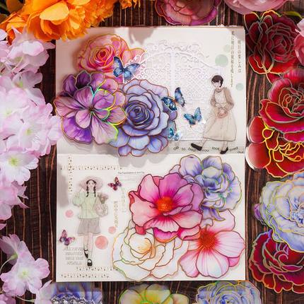 山茶花开PET烫金镭射贴纸包咕卡打底旅行箱笔记本电脑手机手账贴