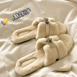 法式平底毛毛拖鞋女外穿2025新款秋冬季平底毛茸茸慵懒一字棉拖鞋