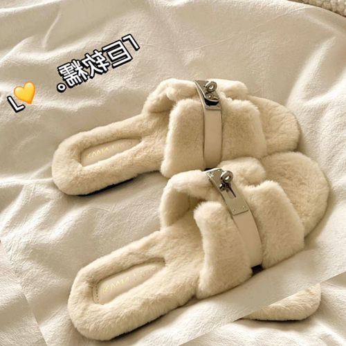 法式平底毛毛拖鞋女外穿2025新款秋冬季平底毛茸茸慵懒一字棉拖鞋