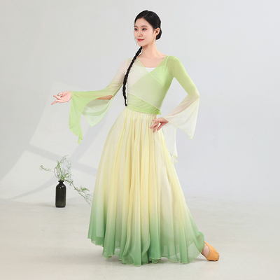 古典舞蹈服女飘逸身韵纱衣仙气绿色渐变大摆裙中国风演出服练功服