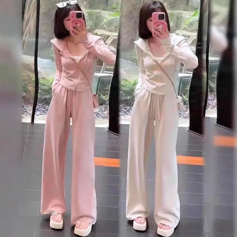 150小矮个子港风运动服套装女春秋连帽拉链卫衣高腰阔腿裤两件套