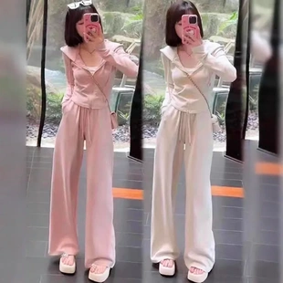 150小矮个子港风运动服套装女春秋连帽拉链卫衣高腰阔腿裤两件套
