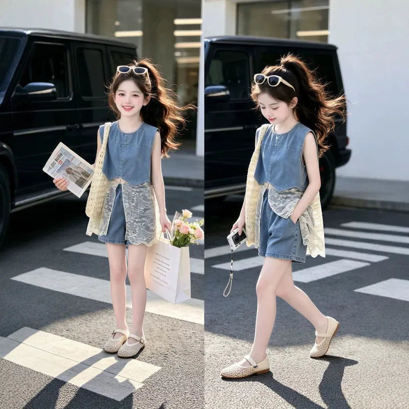 女童夏季牛仔背心裙套装2026新款大童韩版蕾丝拼接马甲短裤两件套