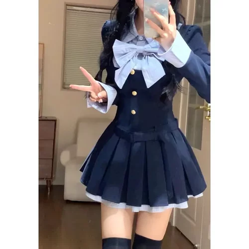 入秋韩系ins连衣裙套装假两件穿搭学院风氛围感富家千金a字百褶裙