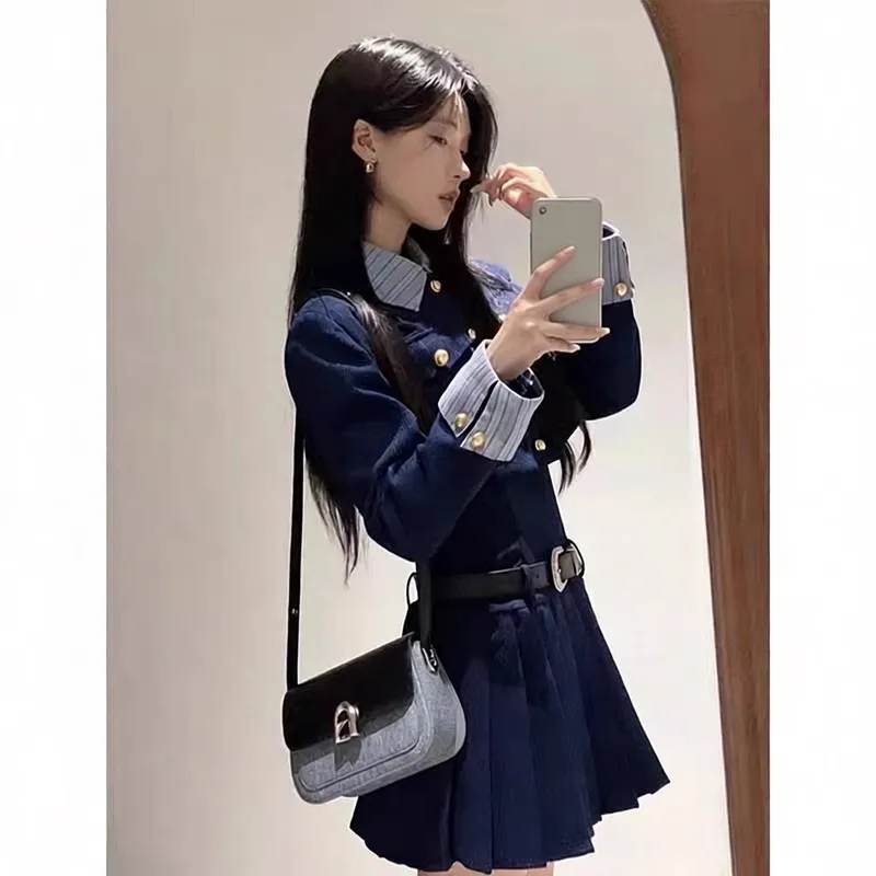 美式学院风外套连衣裙套装裙女秋冬装富家千金风韩剧两件套小香风
