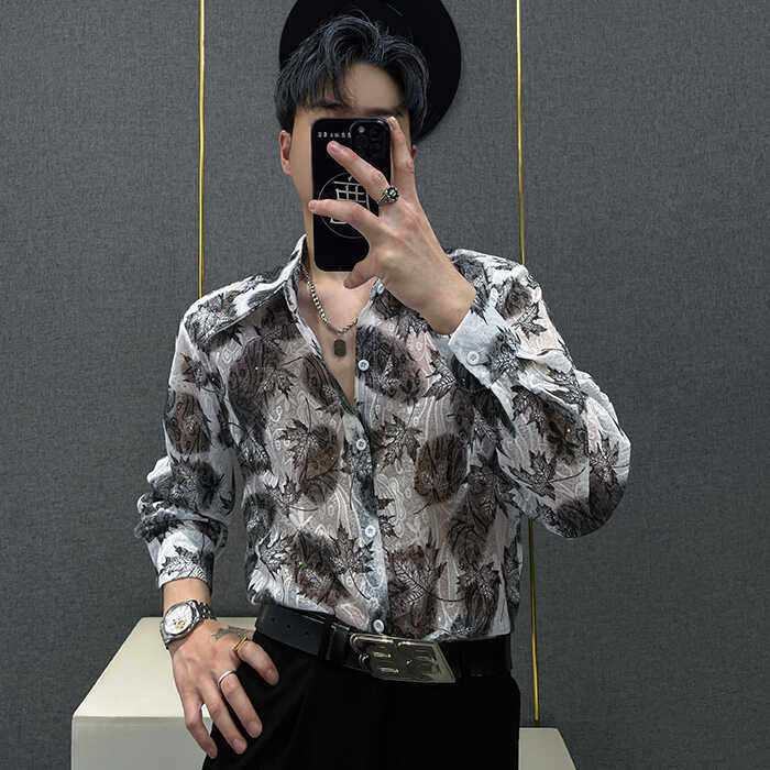 高级感烫金树叶印花长袖衬衫男宽松防晒服夏季薄款半透明夜店衬衣