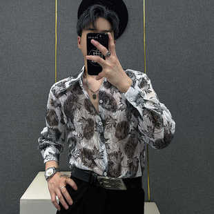 薄款 男宽松防晒服夏季 半透明夜店衬衣 衬衫 高级感烫金树叶印花长袖