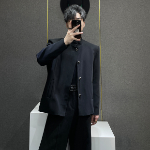 秋季 男高级痞帅垫肩黑色立领西装 新款 国风中山装 外套 新中式 鹿鹿
