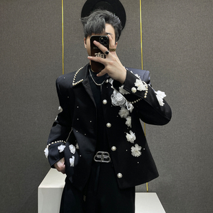 黑色西服高级 男舞台演出个性 鹿鹿 轻奢风设计感立体花朵珍珠西装