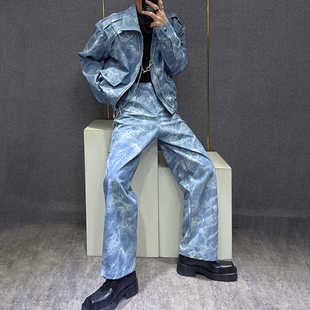 小众重工链条设计感晕染皮衣外套男2024新款 两件套潮 炸街皮衣套装