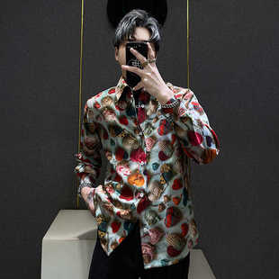 男长袖 冰丝花衬衫 潮牌痞帅宽松衬衣痞帅气潮流上衣 新款 2024年夏季
