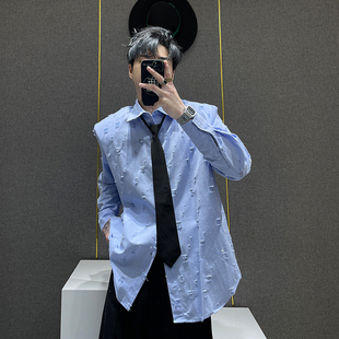 潮牌宽松休闲领带衬衣 男生春夏新款 鹿鹿 高级感痞帅烫钻垫肩衬衫