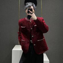 韩版设计款珍珠装饰小香风垫肩短款外套男士高级感2025新款夹克潮