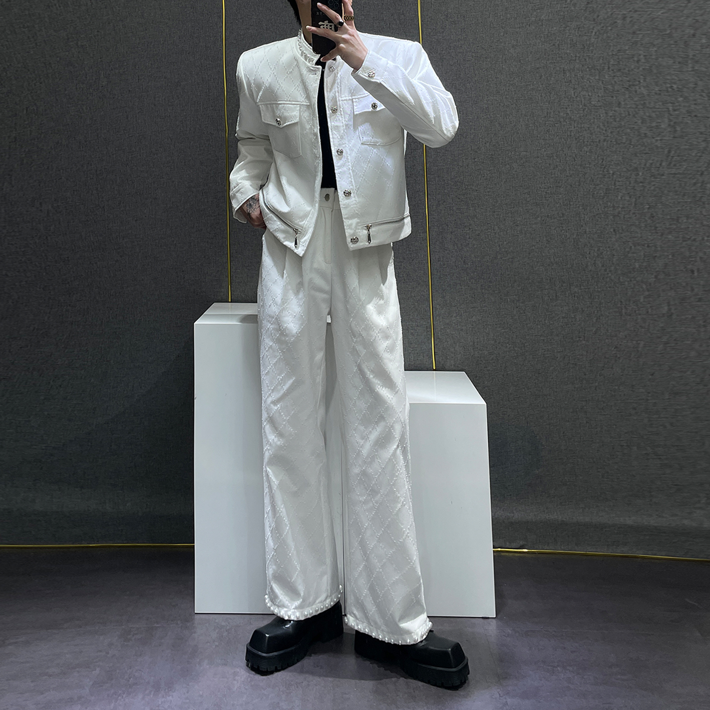立领短宽外套宽松软牛仔套装男